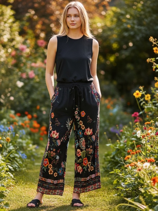 Johnny Was Pants - Johnny Was Black Floral Embroidered Drawstring Pants